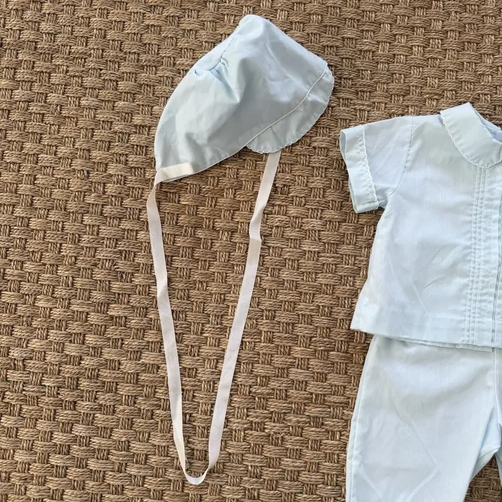 Vintage Baby Boy Heirloom Set With Bonnet Pale Blue Color